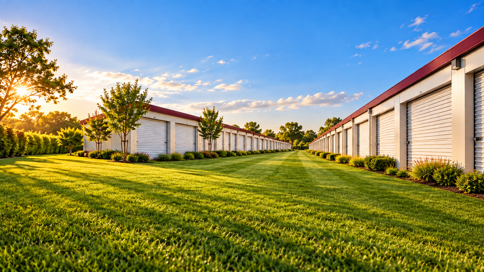 Illustration of storage units with a green grass access lane in warm Johannesburg sunlight