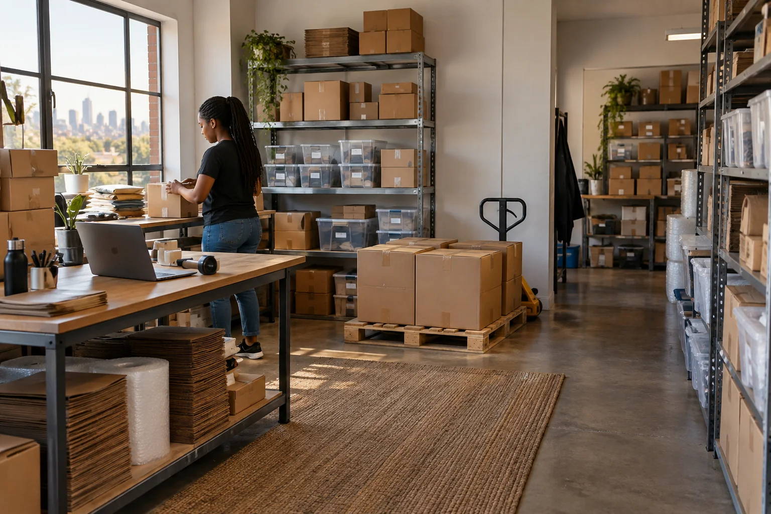 Illustration: Stock shelving, shipping boxes and a packing bench in an organised small-business stockroom