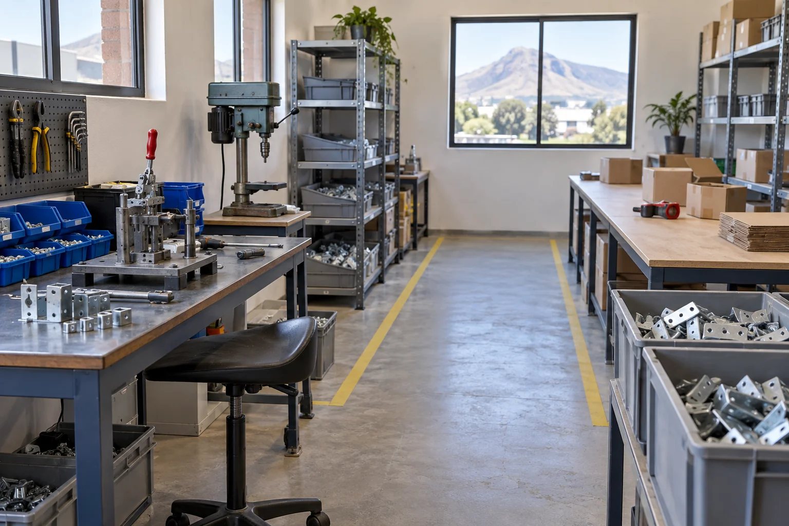 Illustration: Small light-manufacturing workspace with assembly equipment, parts bins and a clear aisle