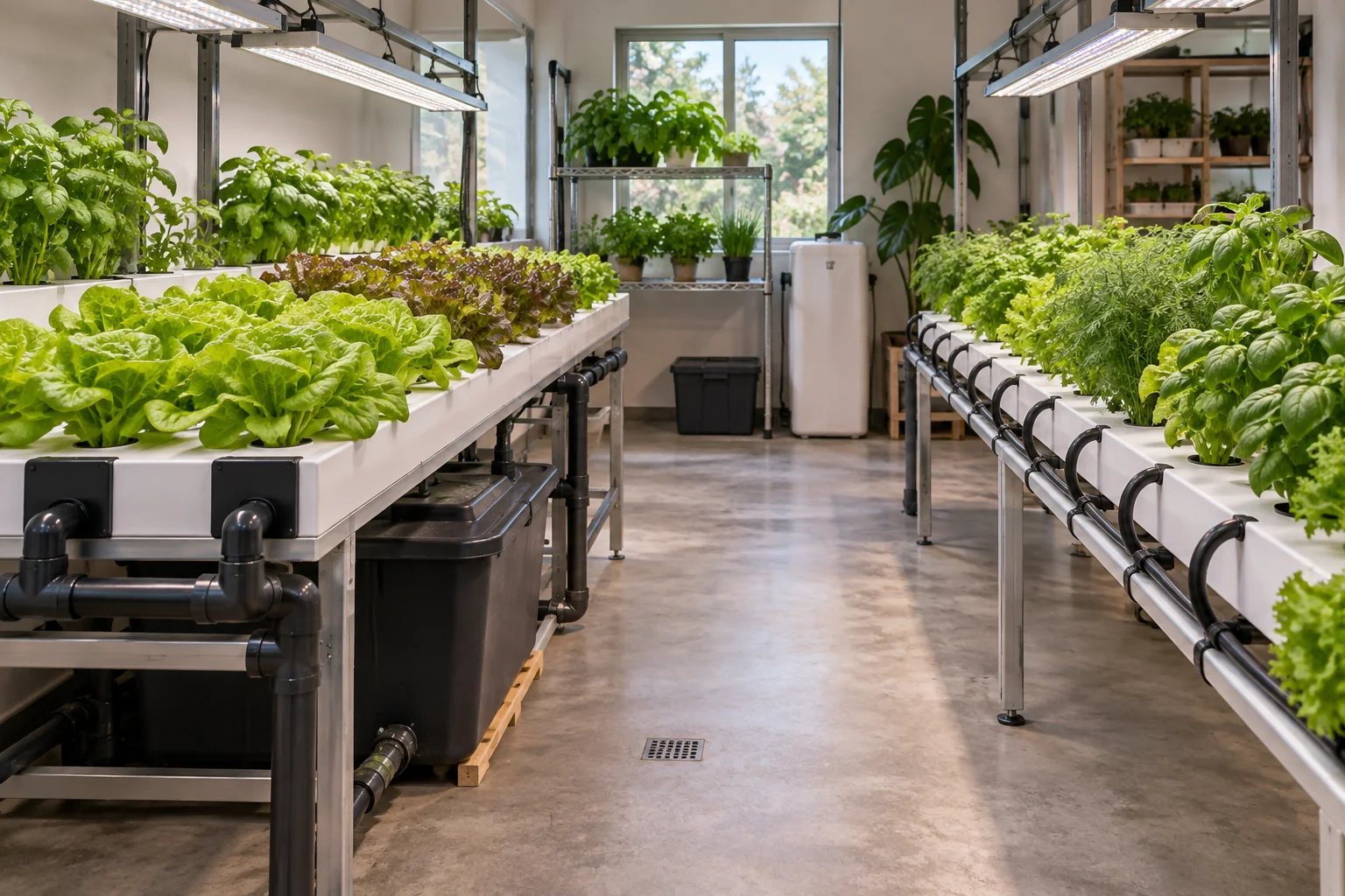 Illustration: Leafy greens in a compact hydroponics setup with an access aisle