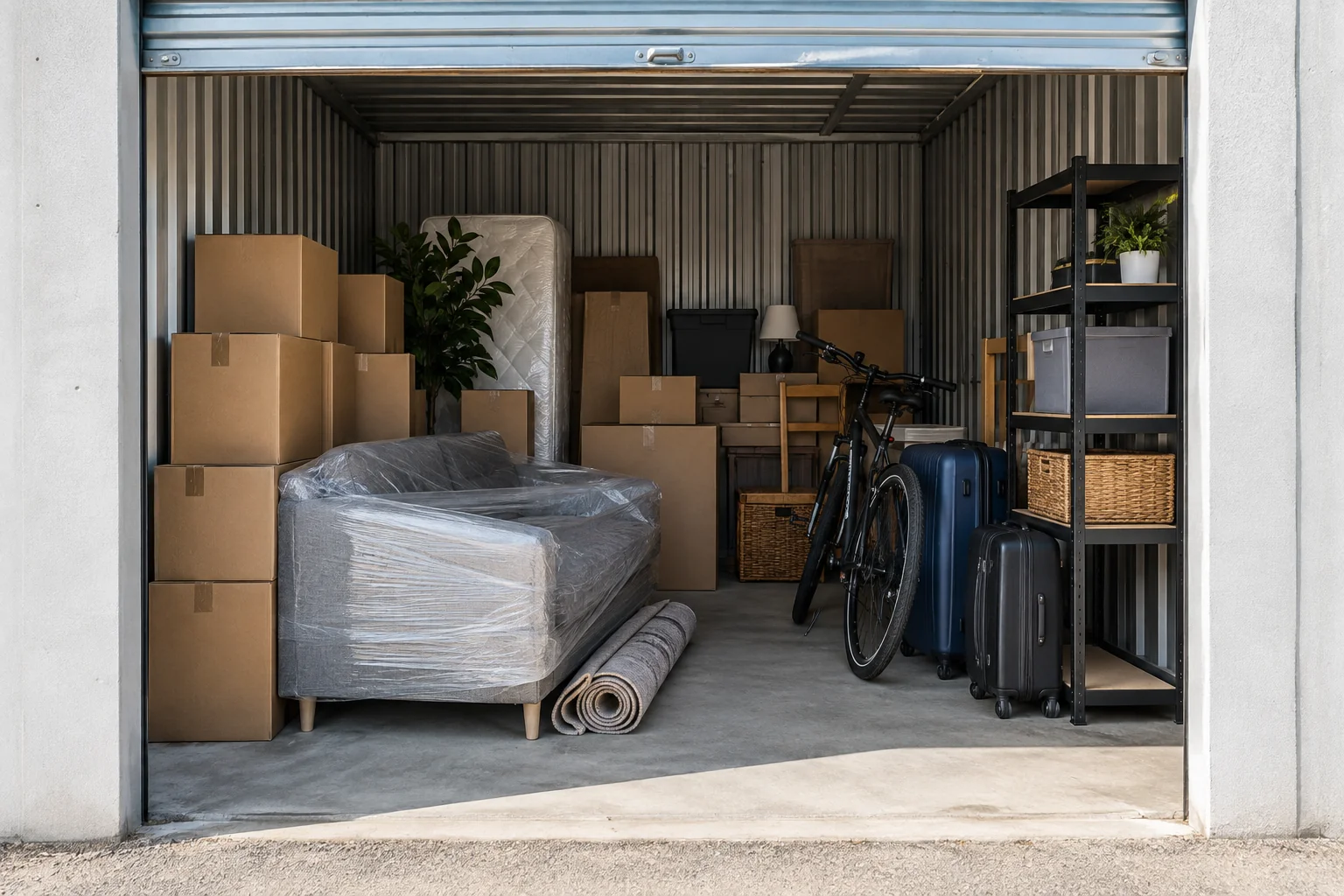 Illustration: Packed boxes, wrapped furniture, a bicycle and luggage inside an organised storage unit