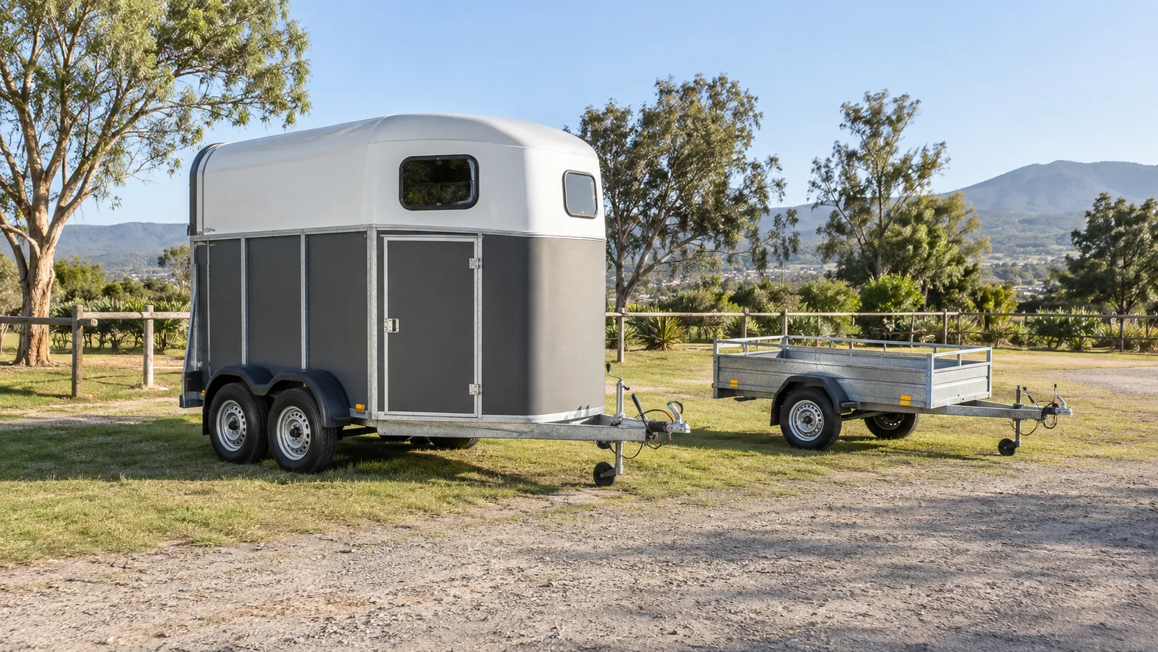Illustration: Horse-box and utility trailers with surrounding clearance on grass and gravel