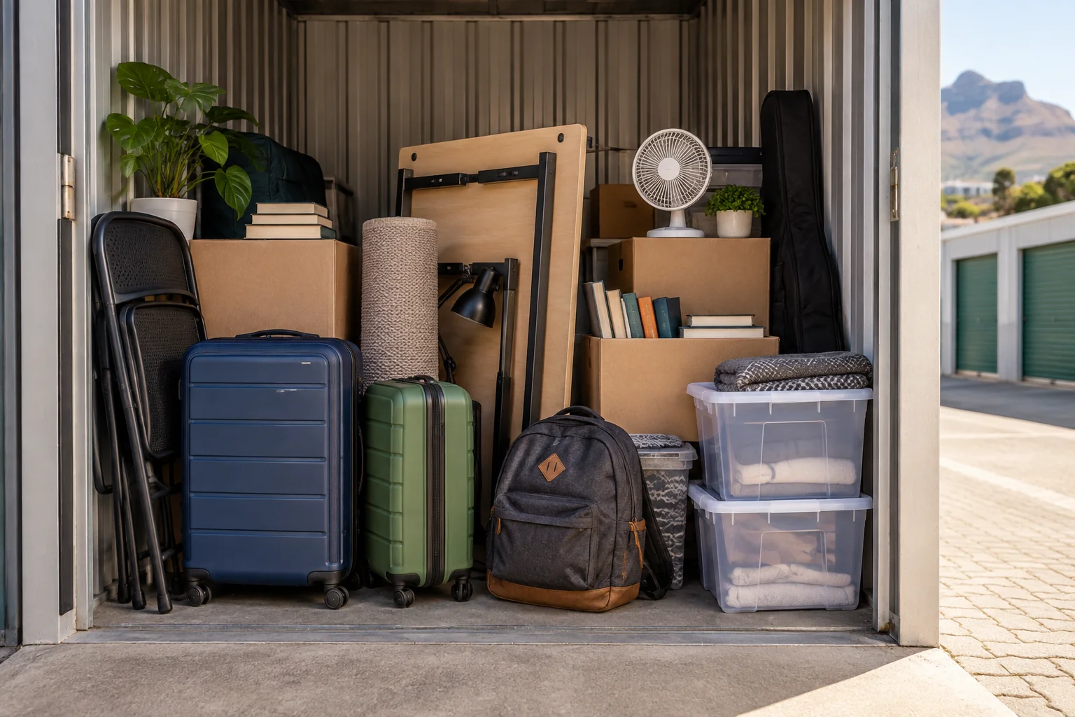 Illustration: Packed study belongings, suitcases, books and a folded desk in a compact student storage bay