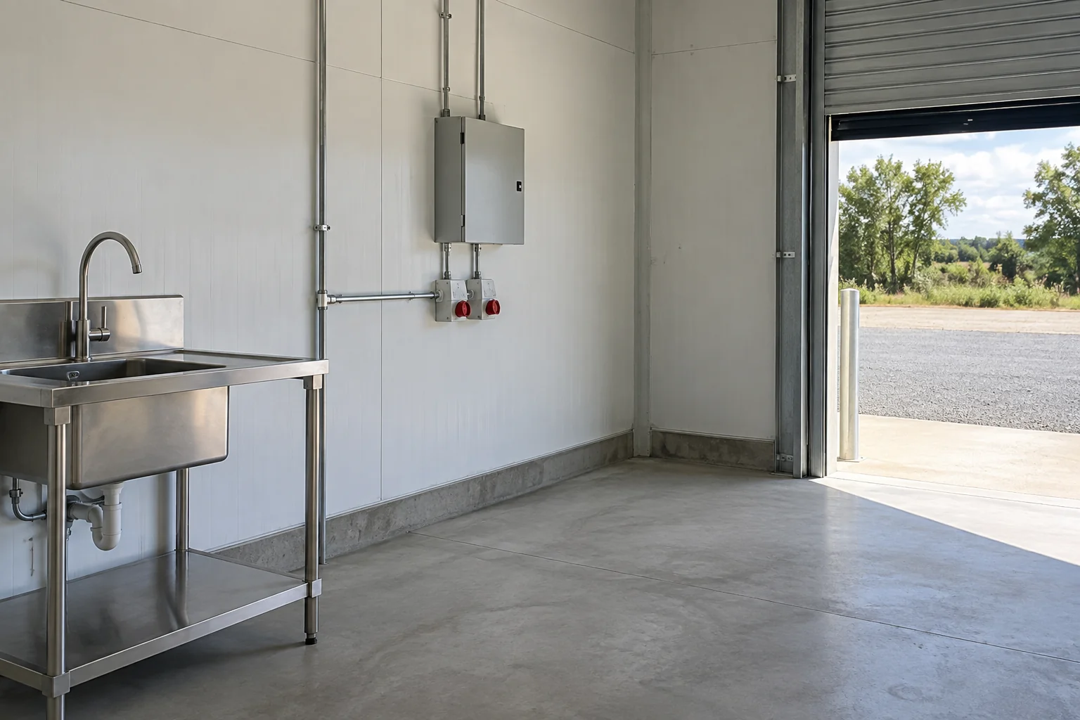 Illustration: Utility-ready workspace with a sink, closed electrical distribution enclosure and tidy conduit
