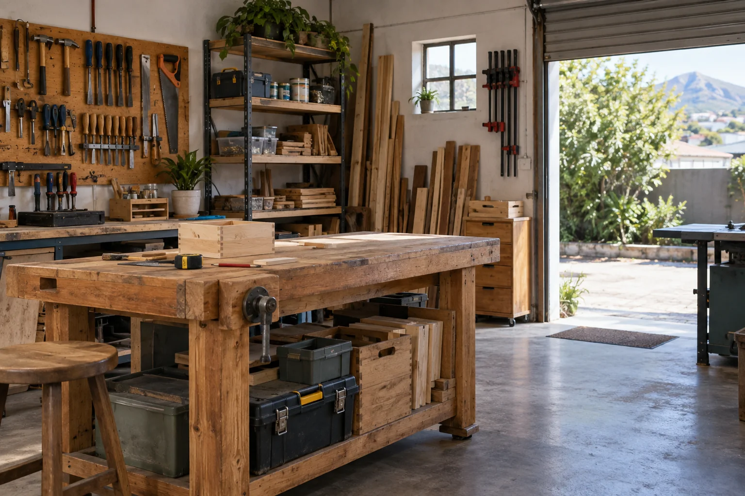 Illustration: Organised tools, a timber workbench and clear access in a compact workshop